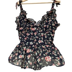 Boohoo Black Floral Crop Tie Strap Camisole Size 6